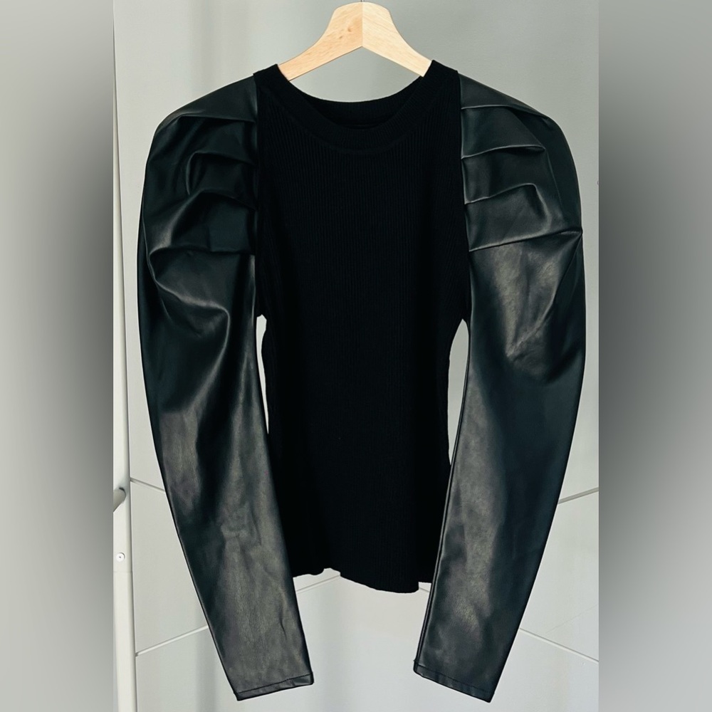 New York & Company Black Sweater with Faux Leather Sleeves - Picture 1 of 1
